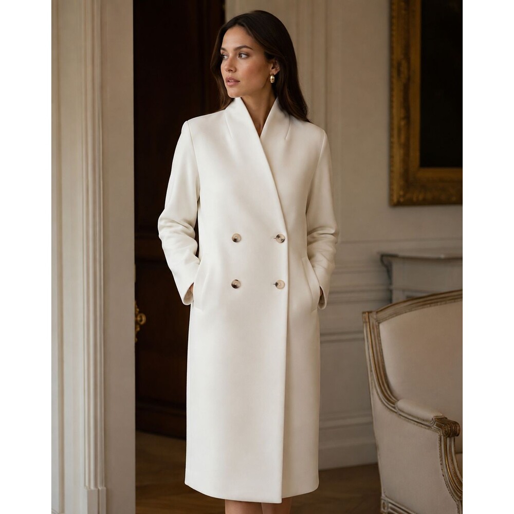 OGL FuzzLuxe Soft Cozy Wool Blend Double Breasted Long Coat Cream Size XS
